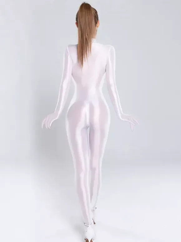 Women Silky Shiny Zip-Up High Neck Bodysuit Seamless Shapewear Lycra Solid Color Catsuit
