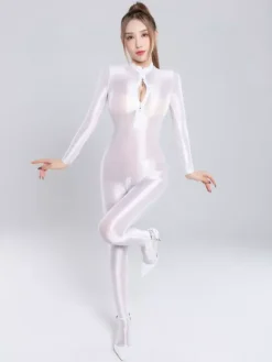 Women Silky Shiny Zip-Up High Neck Bodysuit Seamless Shapewear Lycra Solid Color Catsuit