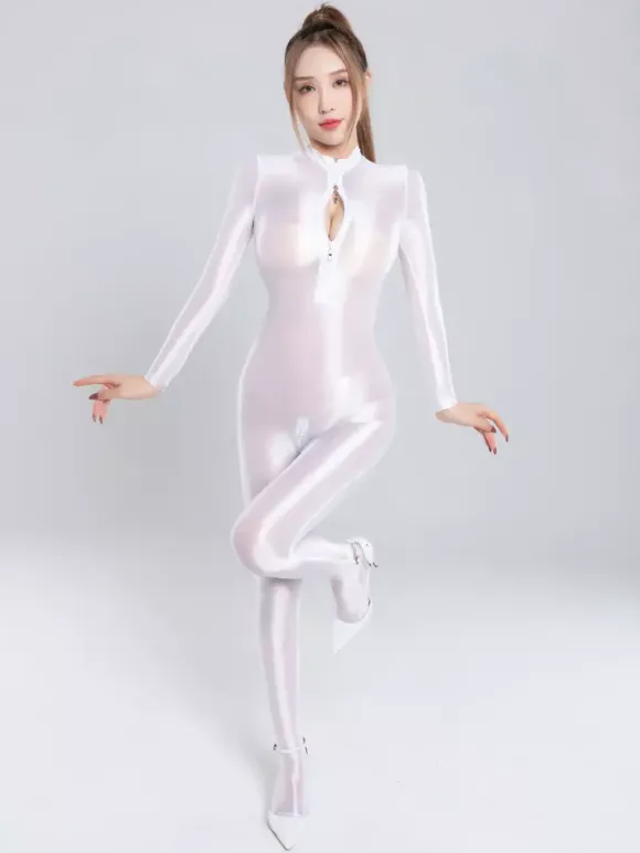 Women Silky Shiny Zip-Up High Neck Bodysuit Seamless Shapewear Lycra Solid Color Catsuit