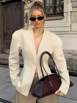 Women Sleeveless Collarless V Neck Peplum Blazer Single Row Pearl Button Fitted Jacket