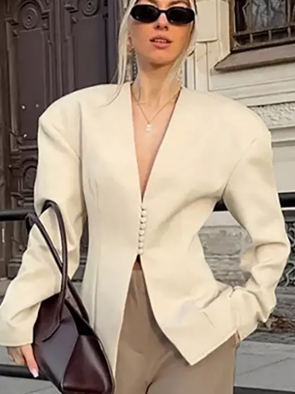 Women Sleeveless Collarless V Neck Peplum Blazer Single Row Pearl Button Fitted Jacket