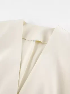 Women Sleeveless Collarless V Neck Peplum Blazer Single Row Pearl Button Fitted Jacket