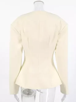 Women Sleeveless Collarless V Neck Peplum Blazer Single Row Pearl Button Fitted Jacket