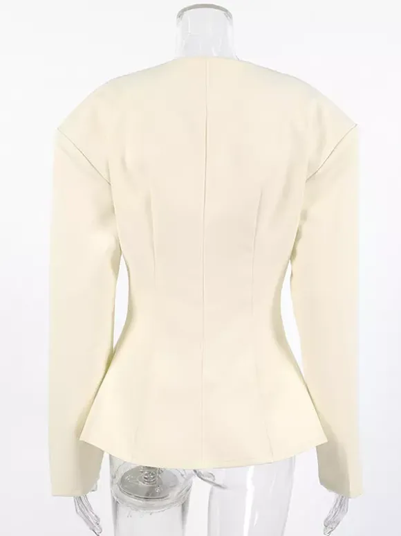 Women Sleeveless Collarless V Neck Peplum Blazer Single Row Pearl Button Fitted Jacket