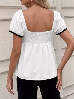 Women Square Neck Puff Short Sleeve Black Lace Bow Peplum Babydoll Blouse Top