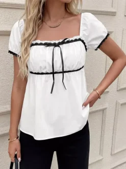 Women Square Neck Puff Short Sleeve Black Lace Bow Peplum Babydoll Blouse Top