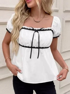 Women Square Neck Puff Short Sleeve Black Lace Bow Peplum Babydoll Blouse Top