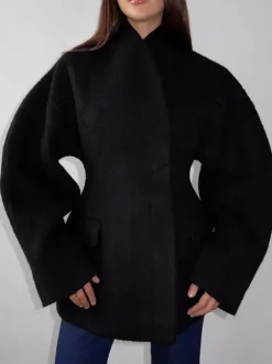 Women Stand Collar Batwing Oversleeve Cinched Waist Wool Blend Peplum Coat