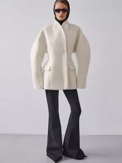 Women Stand Collar Batwing Oversleeve Cinched Waist Wool Blend Peplum Coat