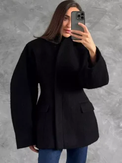 Women Stand Collar Batwing Oversleeve Cinched Waist Wool Blend Peplum Coat