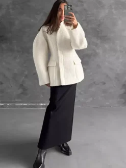Women Stand Collar Batwing Oversleeve Cinched Waist Wool Blend Peplum Coat