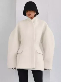 Women Stand Collar Batwing Oversleeve Cinched Waist Wool Blend Peplum Coat