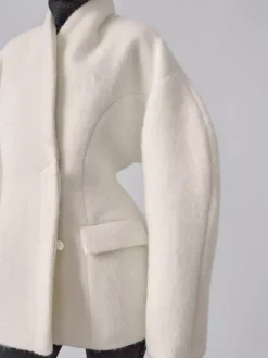 Women Stand Collar Batwing Oversleeve Cinched Waist Wool Blend Peplum Coat