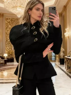 Women Stand Collar Cape Shoulder Gold Button Fitted Peplum Blazer Jacket