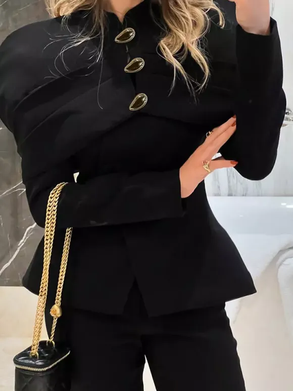 Women Stand Collar Cape Shoulder Gold Button Fitted Peplum Blazer Jacket