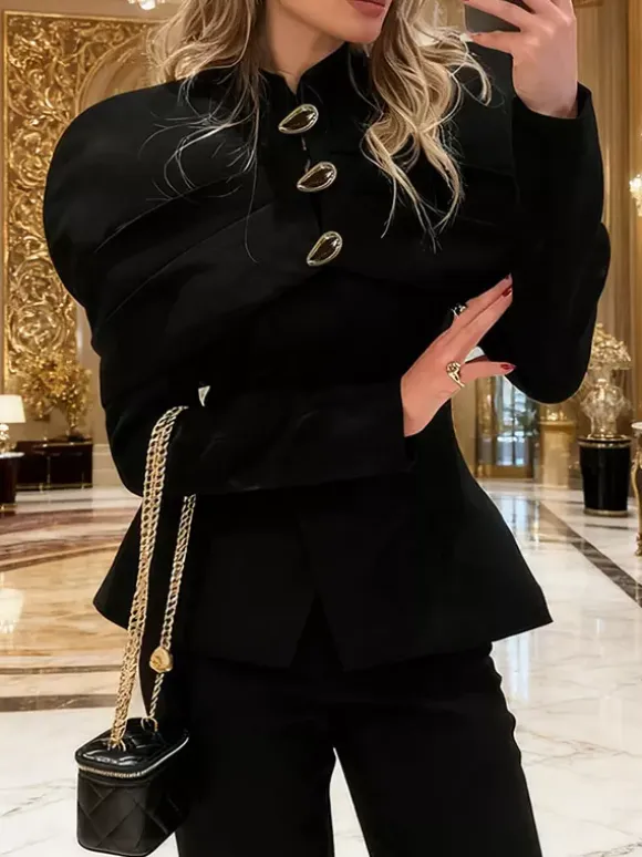 Women Stand Collar Cape Shoulder Gold Button Fitted Peplum Blazer Jacket