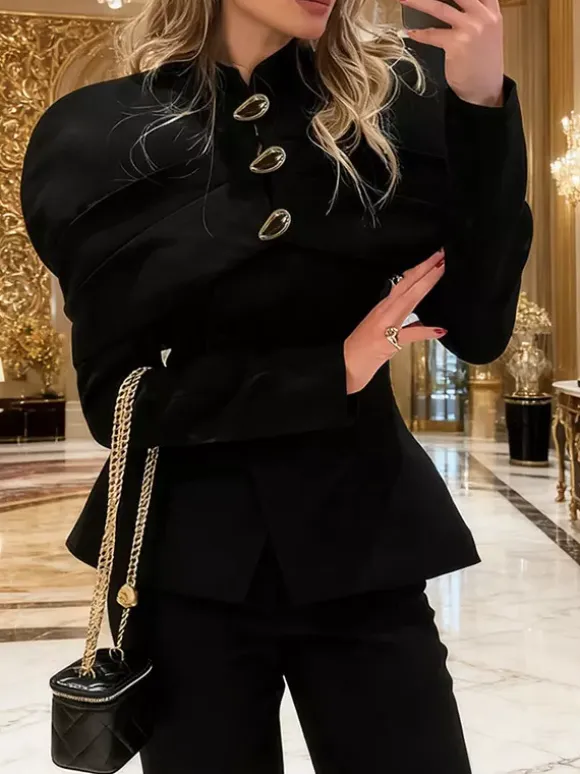 Women Stand Collar Cape Shoulder Gold Button Fitted Peplum Blazer Jacket