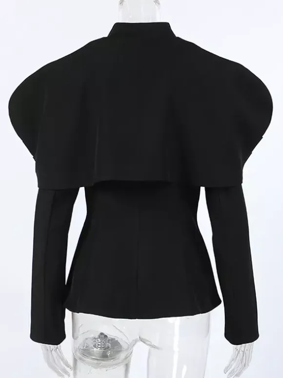 Women Stand Collar Cape Shoulder Gold Button Fitted Peplum Blazer Jacket