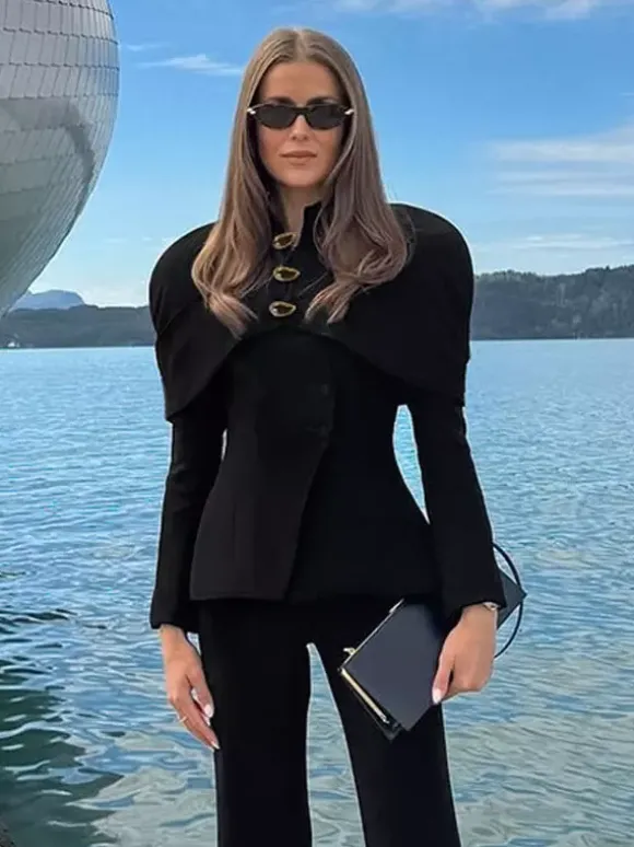 Women Stand Collar Cape Shoulder Gold Button Fitted Peplum Blazer Jacket