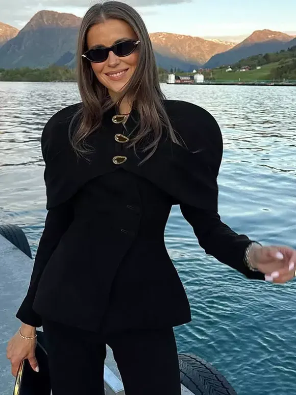 Women Stand Collar Cape Shoulder Gold Button Fitted Peplum Blazer Jacket