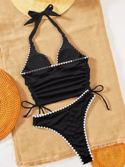 Women Two Piece Swimsuits Black Two-Tone Cut Out Halter Summer Beach Bathing Suits