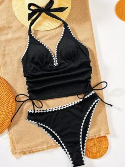 Women Two Piece Swimsuits Black Two-Tone Cut Out Halter Summer Beach Bathing Suits