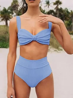 Women Two Piece Swimsuits Yellow Knotted Straps Neck Raised Waist Summer Sexy Swimming Suits