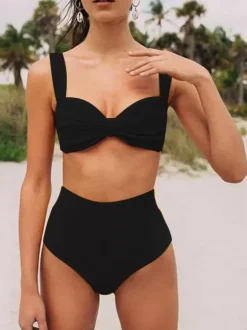 Women Two Piece Swimsuits Yellow Knotted Straps Neck Raised Waist Summer Sexy Swimming Suits