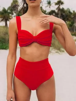 Women Two Piece Swimsuits Yellow Knotted Straps Neck Raised Waist Summer Sexy Swimming Suits