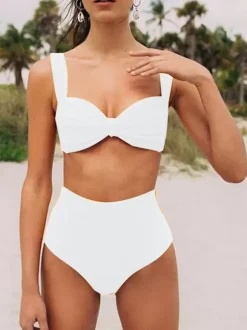 Women Two Piece Swimsuits Yellow Knotted Straps Neck Raised Waist Summer Sexy Swimming Suits
