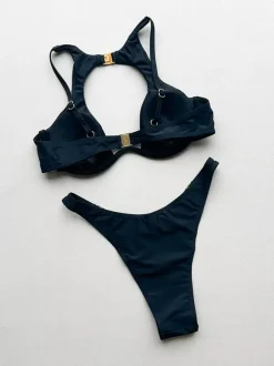 Women Two Piece Swimsuits Black Metal Details Natural Waist Summer Sexy Swimwear