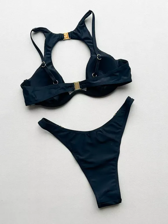 Women Two Piece Swimsuits Black Metal Details Natural Waist Summer Sexy Swimwear