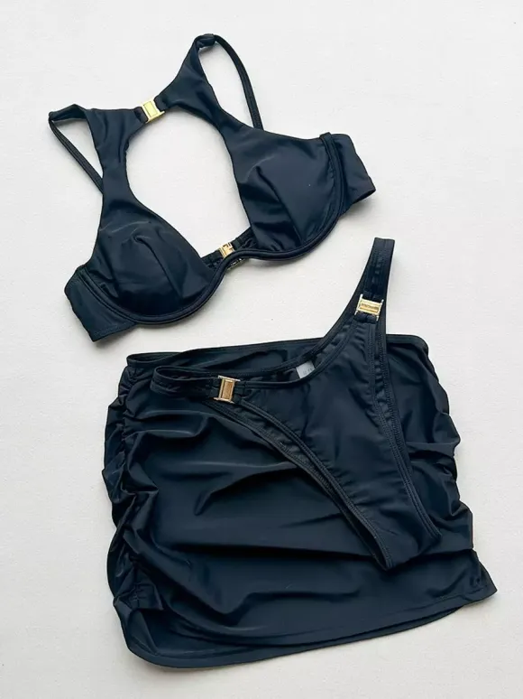 Women Two Piece Swimsuits Black Metal Details Natural Waist Summer Sexy Swimwear