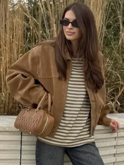 Women Vintage Suede Collar Zip Bomber Jacket Elastic Cuff Hem Cropped Coat