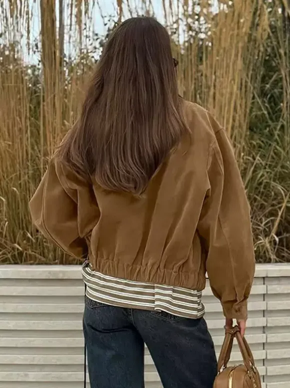 Women Vintage Suede Collar Zip Bomber Jacket Elastic Cuff Hem Cropped Coat