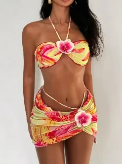 Women Bikini Swimsuit Orange Lace Up Summer Sexy Swimming Suits
