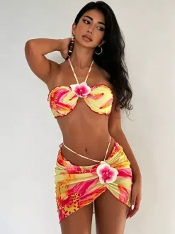 Women Bikini Swimsuit Orange Lace Up Summer Sexy Swimming Suits