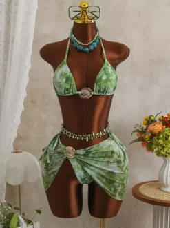 Women Bikini Swimsuit Pink Metal Details Natural Waist Summer Sexy Bathing Suits