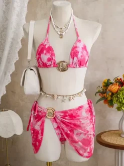 Women Bikini Swimsuit Pink Metal Details Natural Waist Summer Sexy Bathing Suits