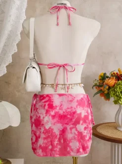 Women Bikini Swimsuit Pink Metal Details Natural Waist Summer Sexy Bathing Suits