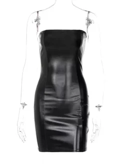 Women Black Club Dress Pleated Sleeveless Pu Backless Sexy Bodycon Dress