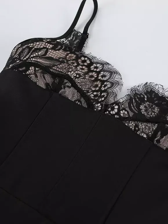 Women Black Lace Trim Spaghetti Strap Bodycon Mini Dress Corset Bust Party Dress