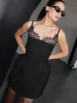 Women Black Lace Trim Spaghetti Strap Bodycon Mini Dress Corset Bust Party Dress
