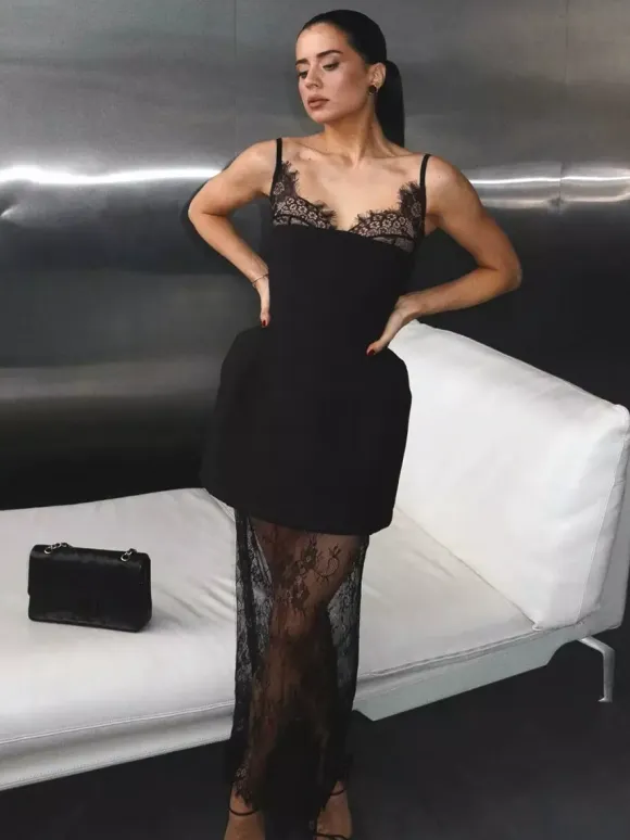 Women Black Lace Trim Spaghetti Strap Bodycon Mini Dress Corset Bust Party Dress