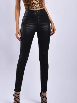 Women Black Leggings PU Leather Like High Waisted Button Skinny Leggings