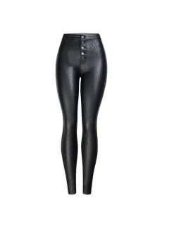 Women Black Leggings PU Leather Like High Waisted Button Skinny Leggings