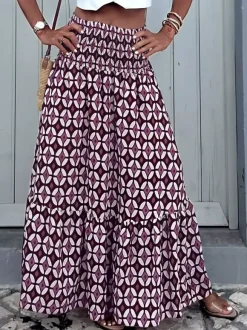 Women Boho Geometric Print Maxi Skirt Smocked High Waist Tiered Long Skirt