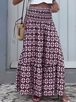 Women Boho Geometric Print Maxi Skirt Smocked High Waist Tiered Long Skirt