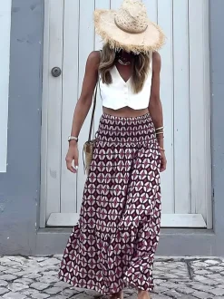 Women Boho Geometric Print Maxi Skirt Smocked High Waist Tiered Long Skirt