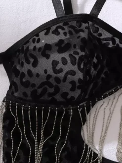Women Chemise Black Polyester Lace Up Leopard Print Shaping Lingerie